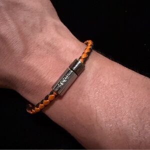 Tod’s Woven Leather Bracelet Black Orange 8” Silver Tone Clasp Made in Italy